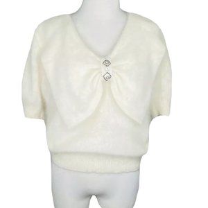 I B DIFFUSION Angora Sweater Dolman Sleeve Ivory Beaded Bow Accent Vintage Top